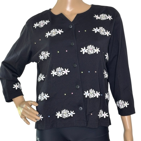 Bechamel black button up 3/4 sleeve cardigan floral medium - Picture 1 of 5